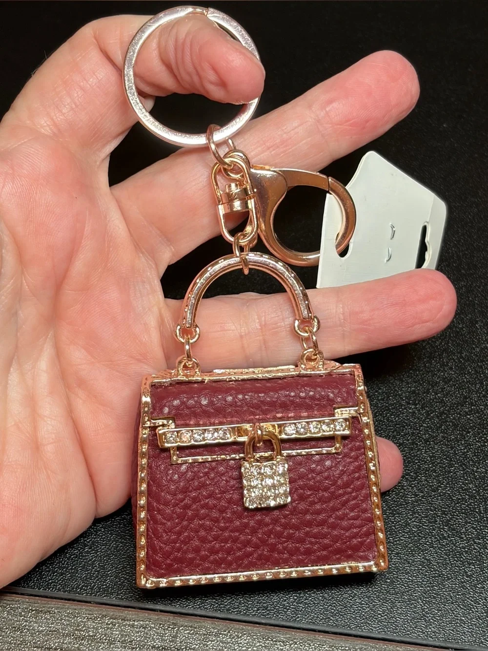 Burgundy Mini Handbag Keychain with Gold Crystal Accents
